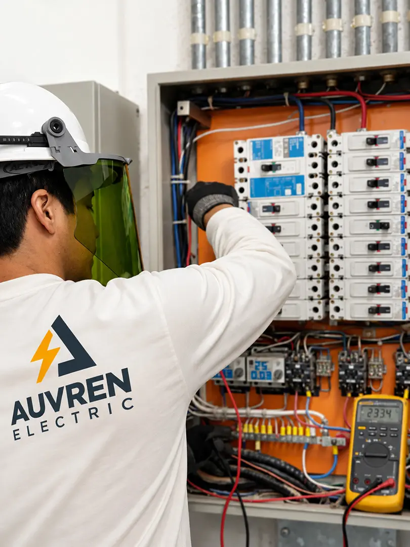 An Auvren electrician in arc-flash gear working inside a commercial distribution panel