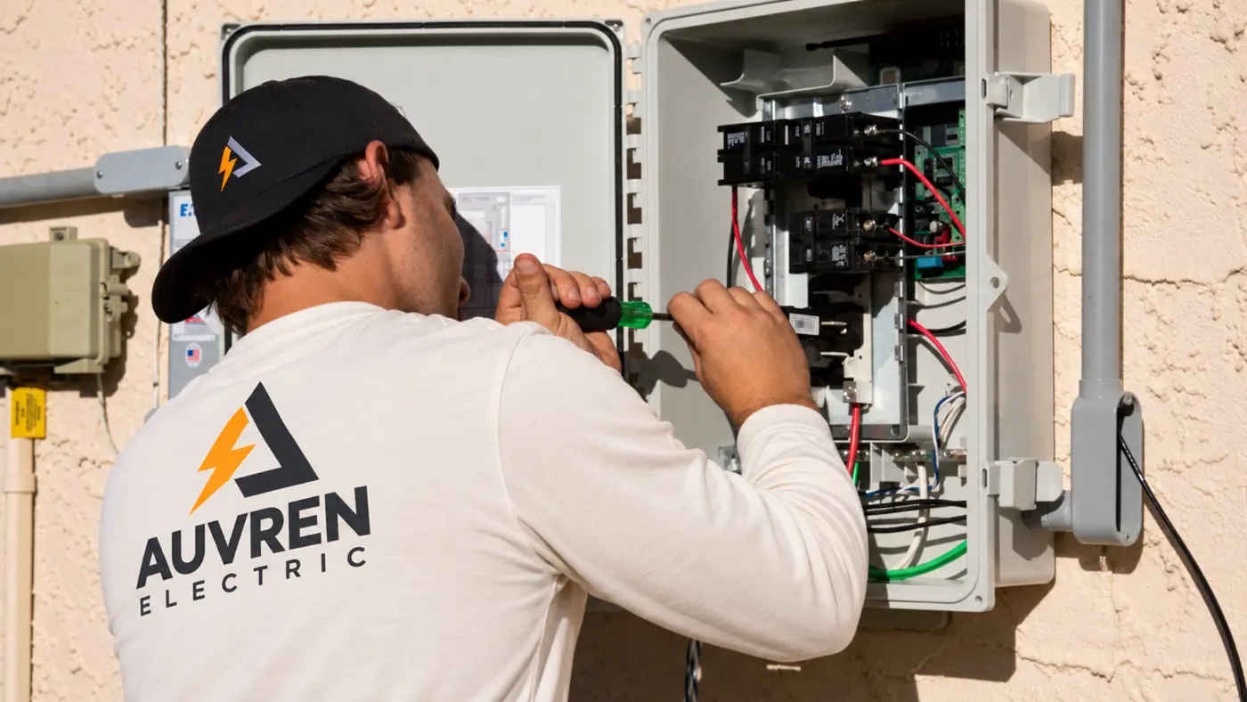 Auvren electrician tightening a breaker in an outdoor electrical panel