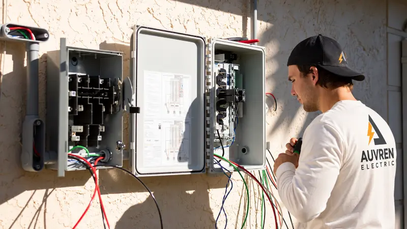 Auvren electrician sorting conductors beside a newly installed disconnect and panel