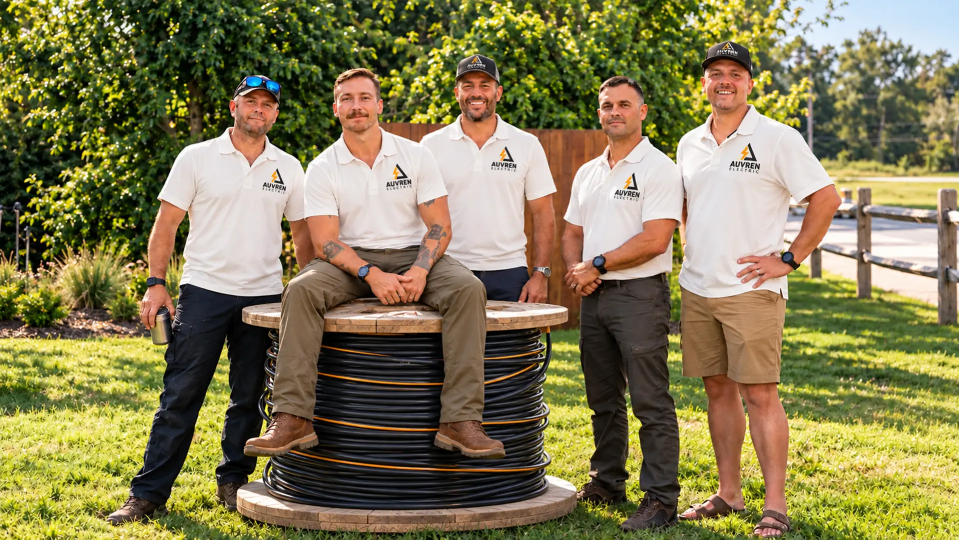 The five-person Auvren Electric crew in branded polos, gathered around a large spool of wire outdoors