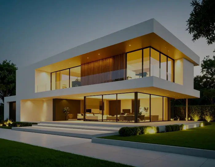 Modern two-story home glowing with exterior and interior lighting at dusk